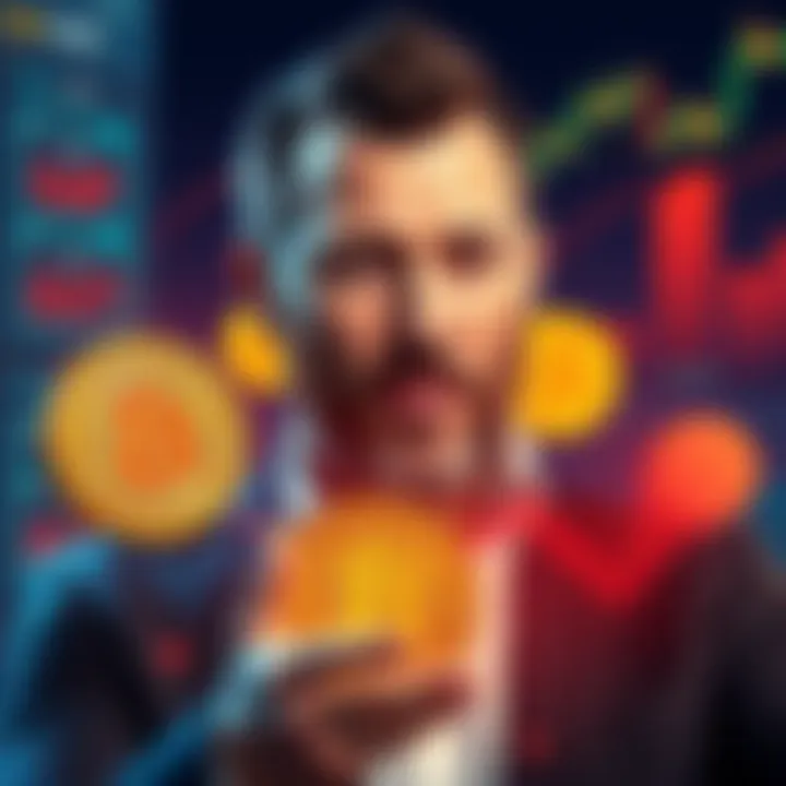 Michael Saylor with Bitcoin symbols and financial charts, indicating a strategic sale.