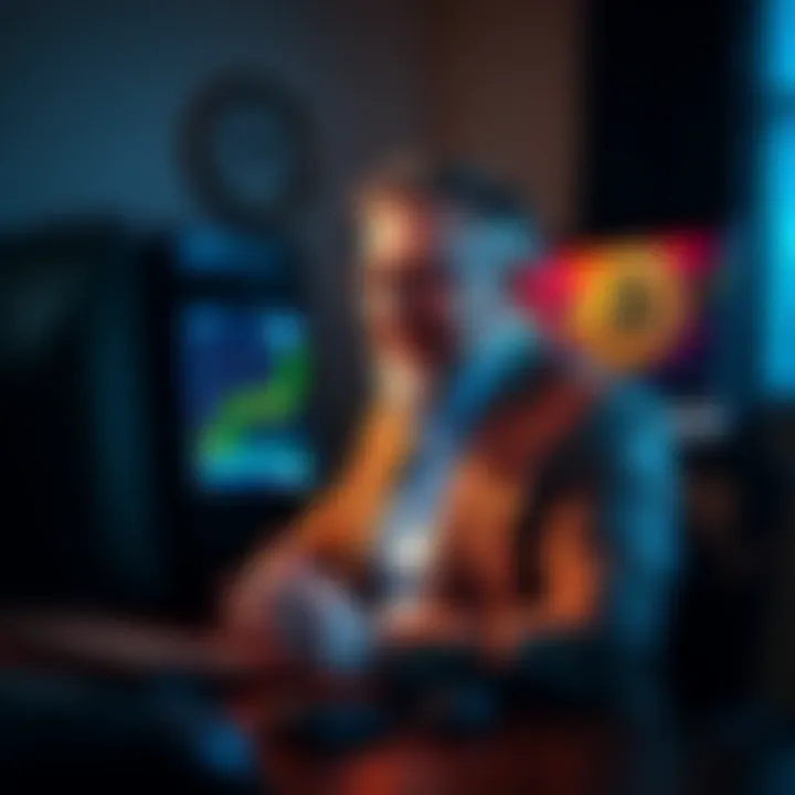Michael Saylor at a desk with a Bitcoin logo and a computer displaying a stock chart, illustrating his recent sale of Bitcoin holdings.