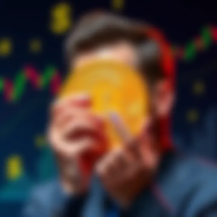 Michael Saylor selling Bitcoin, with a graph showing Bitcoin prices and dollar signs in the background