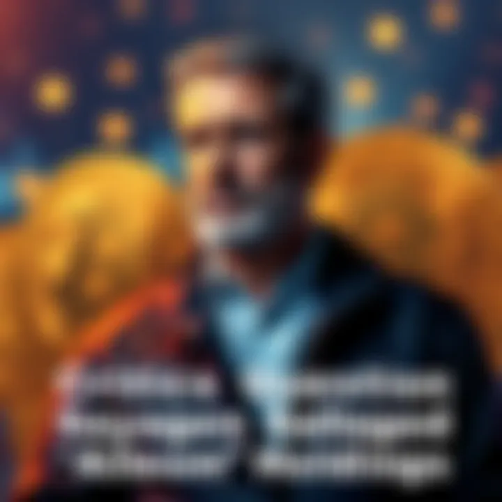 Michael Saylor stands with Bitcoin symbols in the background, questioning his reported Bitcoin holdings.