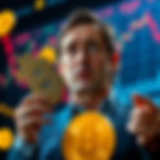 Michael Saylor holding a large Bitcoin symbol, looking concerned as market graphs show a downward trend.
