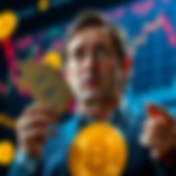 Michael Saylor with Bitcoin symbols Michael Saylor holding a large Bitcoin symbol, looking concerned as market graphs show a downward trend.