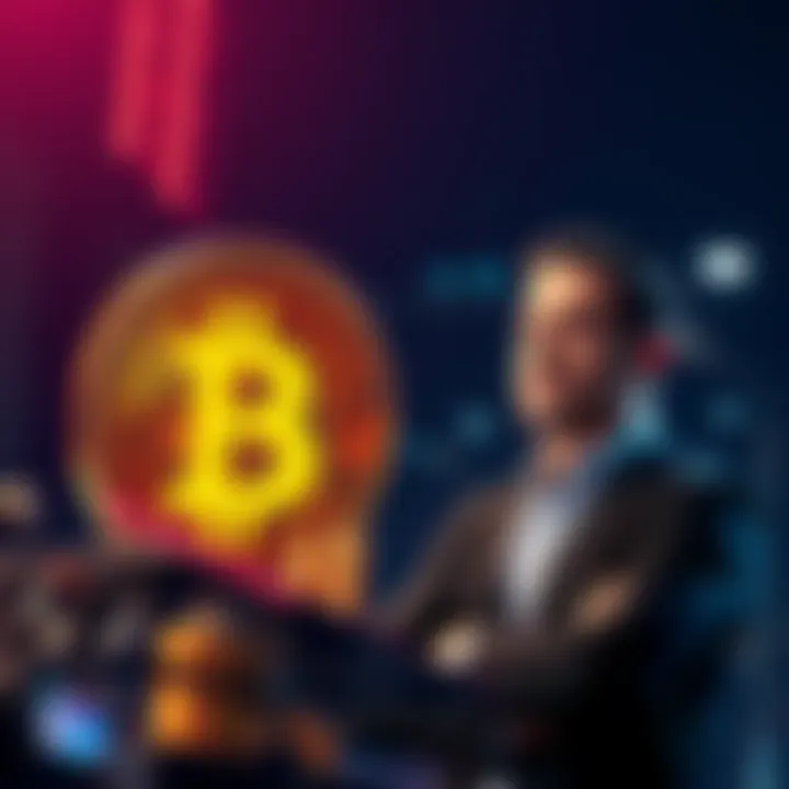 Michael Saylor stands next to a Bitcoin symbol, discussing his recent selloff decision.