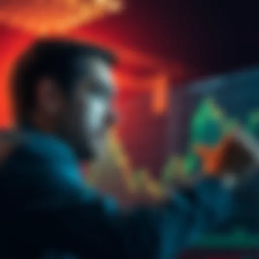 A visual representation of declining cryptocurrency values with a worried investor looking at a chart, symbolizing Michael Saylor's losses.