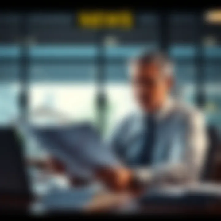 Michael Saylor at a desk, reviewing financial documents with a worried expression, signifying investor concerns