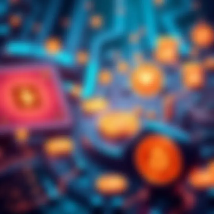 An illustration showing digital transactions with low fees, featuring icons of coins and AI technology, representing instant payments for online services.