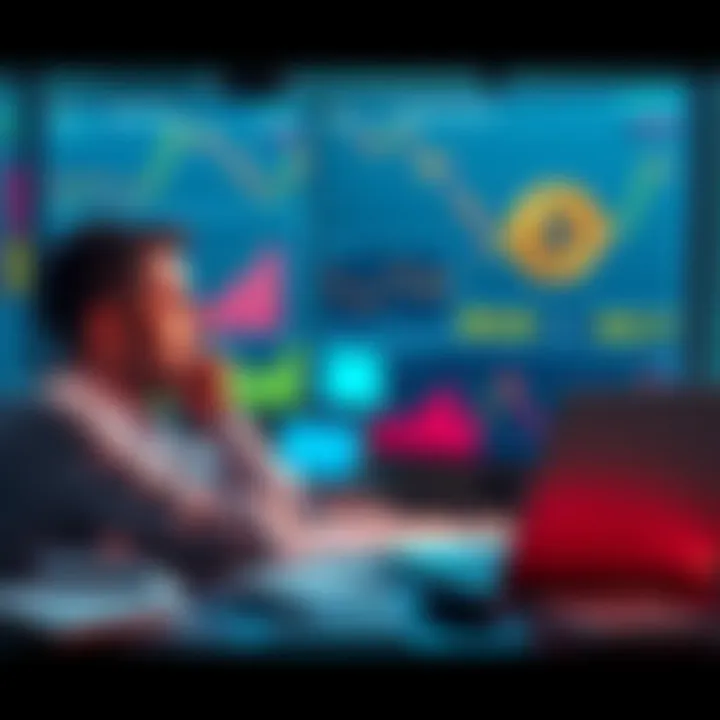 A financial analyst looks at charts showing declining stock prices and Bitcoin value at a desk filled with documents and a laptop.