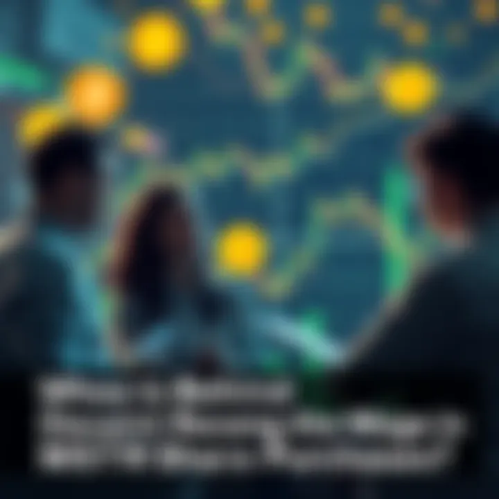 A group of investors discussing MSTR shares with graphs and charts showing stock trends and Bitcoin symbols in the background.