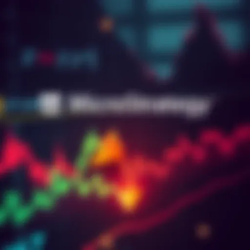 A stock market chart showing a downward trend with MicroStrategy logo and warning signs