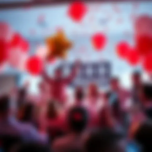 A group of people celebrating a financial milestone with balloons and confetti