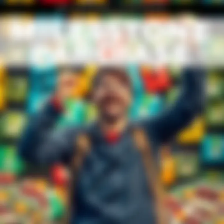 A person celebrating after collecting enough atlas bucks to buy their 150th parcel, with a visual of colorful parcels in the background and a joyful expression.