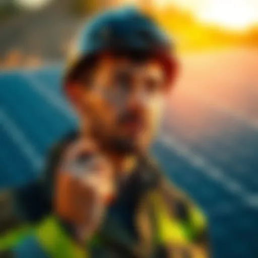 A miner in front of solar panels looks thoughtful while weighing options for cryptocurrency mining.