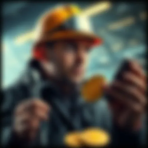 A miner looking thoughtful while examining Pi tokens, considering financial options during uncertain times.