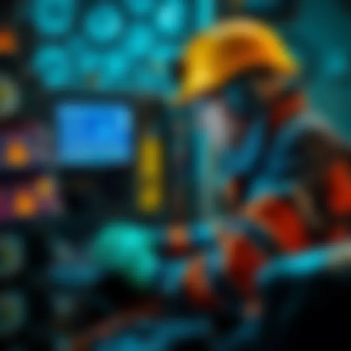 A miner working on a Lucky Miner LV07, focused on the screen and mining equipment around him