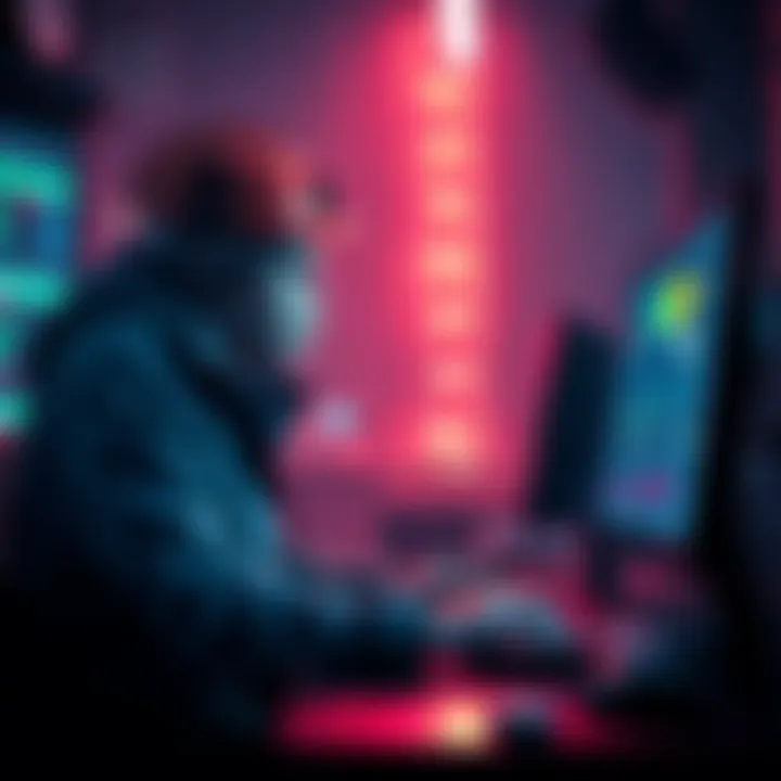 A miner sitting at a computer, focused on mining blocks and processing transactions, with blockchain graphics on the screen