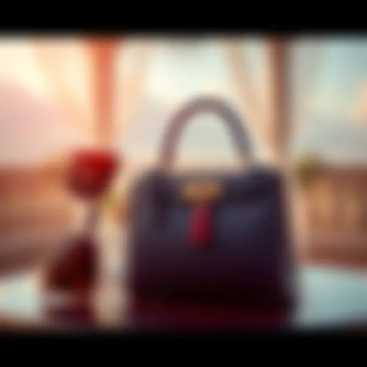 Mini Kelly Casaque Handbag Mini Kelly Casaque handbag in Bleu Indigo with Rouge H interior, paired with stylish sunglasses, set against a wedding backdrop.