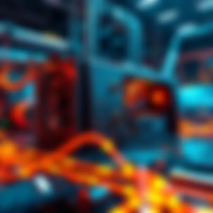 Mining equipment surrounded by graphics representing artificial intelligence and data processing
