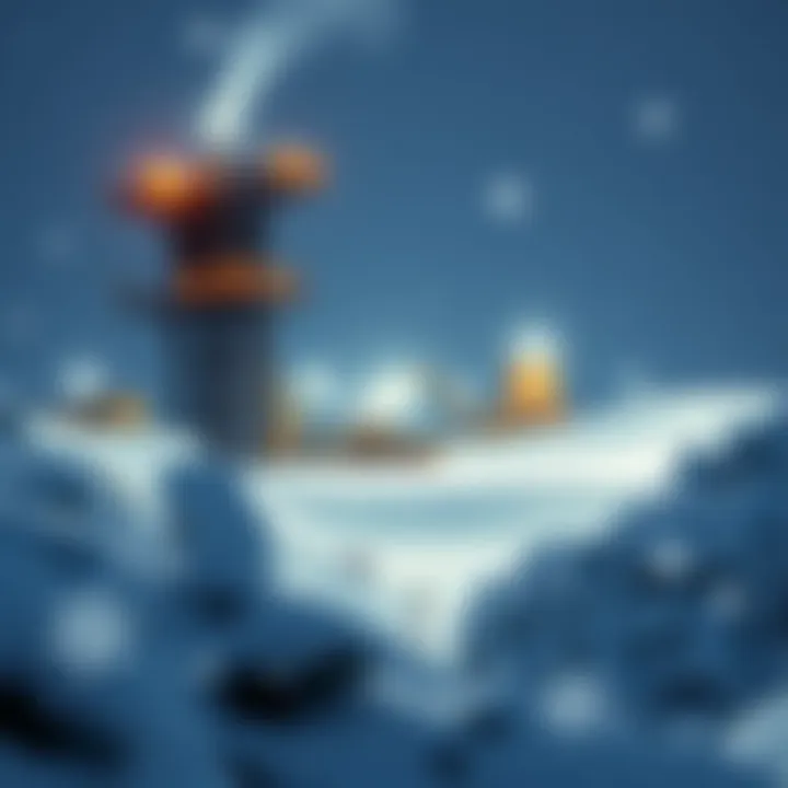 Mining site during blizzard A view of the 5MW mining site in Iowa covered in snow during a mild blizzard, with snowflakes falling around the machinery and structures.