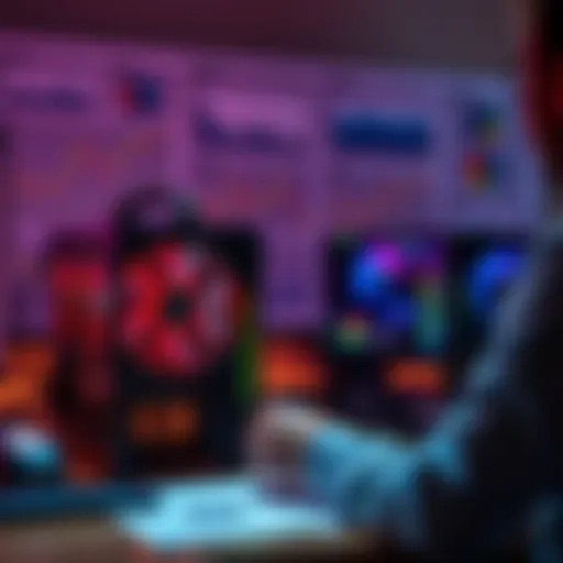 A person comparing two mining rigs, one older model and one new sub-10 J/TH miner, on a desk with charts and graphs in the background