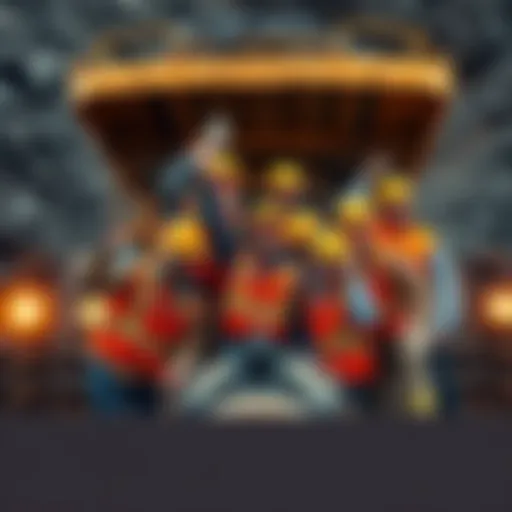 Workers in hard hats celebrating around mining equipment, showcasing renewed interest in mining