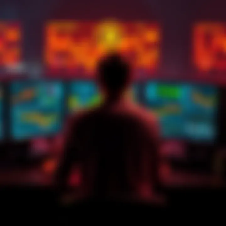 A person sitting in front of multiple computer screens displaying mining software for lesser-known altcoins, with charts and data visible.