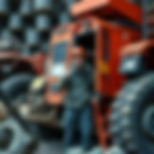 A person standing beside mining machine 601, smiling with determination, surrounded by mining equipment and tools.