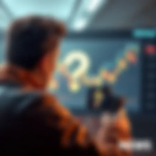 A worried person looking at a mining investment chart with a question mark, symbolizing uncertainty and KYC issues.