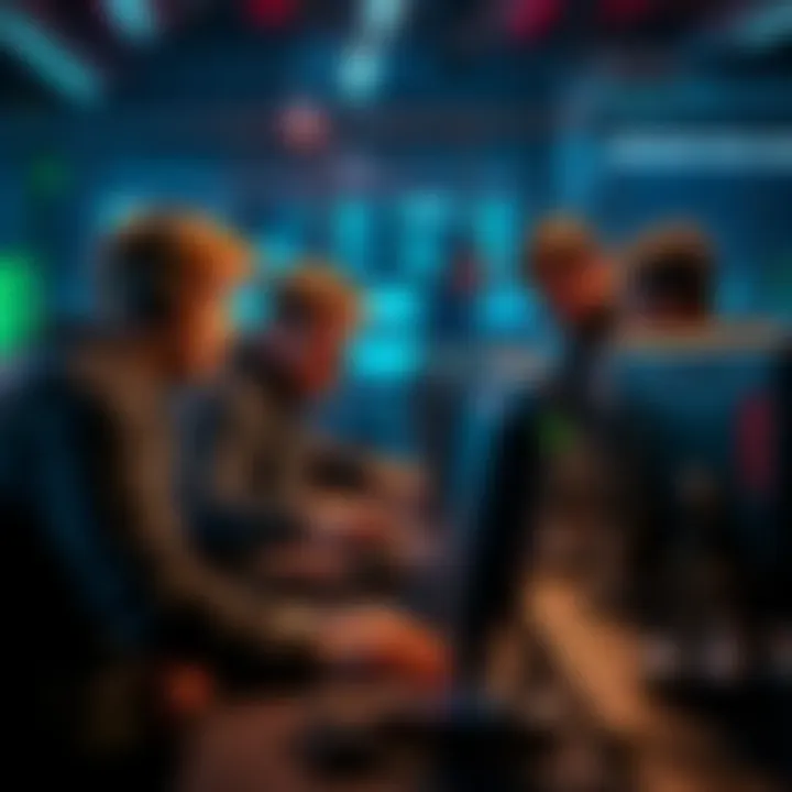 A group of people gathered around computers, discussing mining strategies in a casual setting.