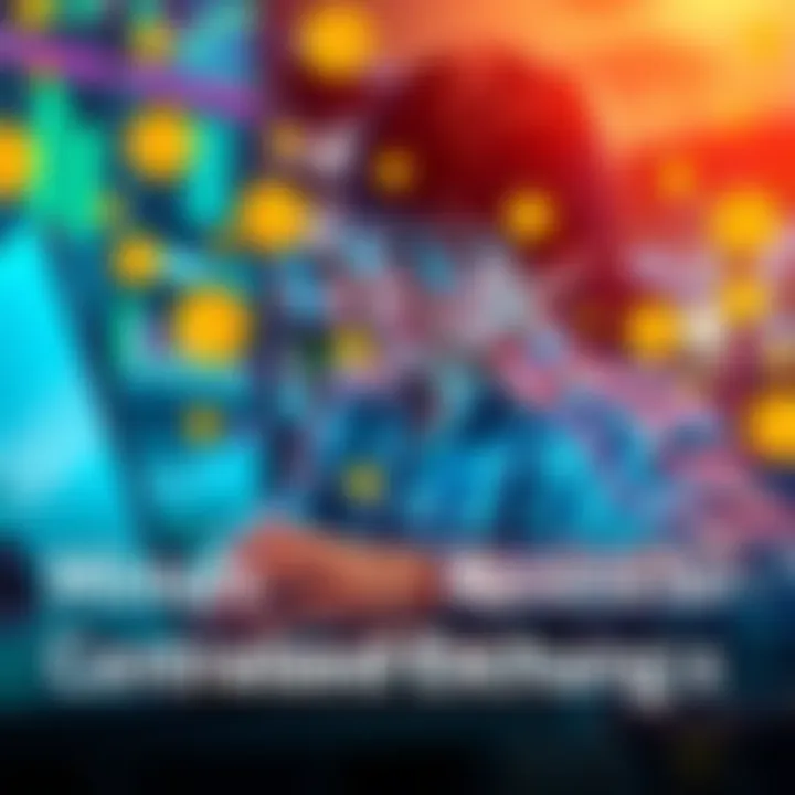 A young person using a laptop to trade cryptocurrencies on a centralized exchange, surrounded by financial symbols.