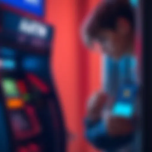 A teenager looking at a Bitcoin ATM while holding a smartphone with a peer-to-peer exchange app open.