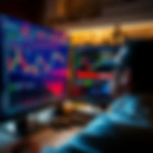 A person analyzing trading charts on a computer screen, with visible alerts and notifications about trade signals.
