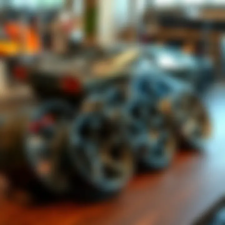 A set of mismatched Countach wheels displayed on a table, showcasing different materials and conditions, with a luxury car in the background.
