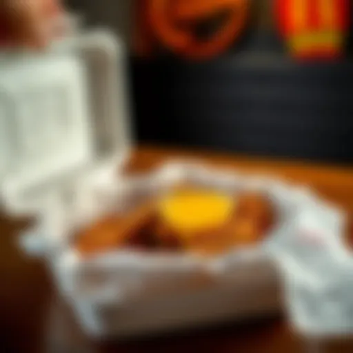 A takeout container open with empty spaces where chicken and queso should be, alongside a receipt showing extra charge for queso.