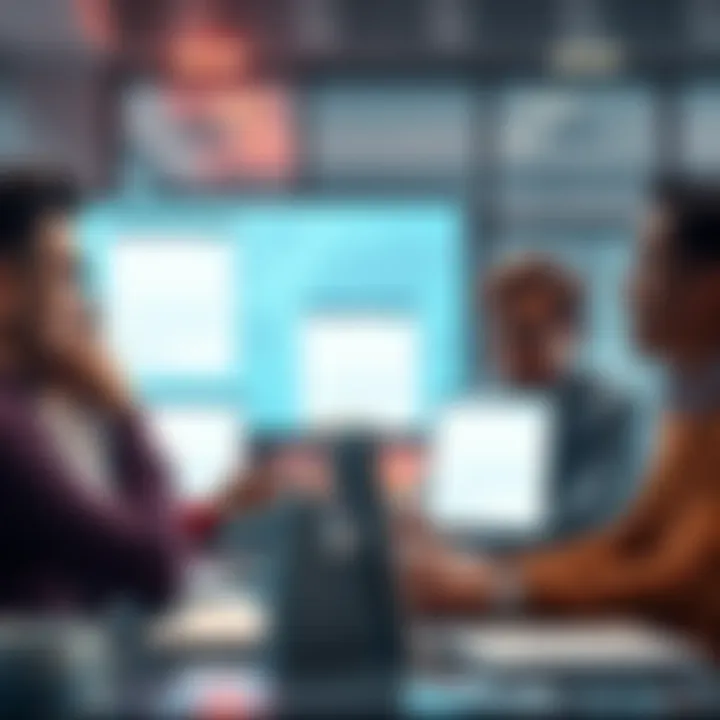 A group of people discussing online, looking frustrated with empty survey forms on their screens.