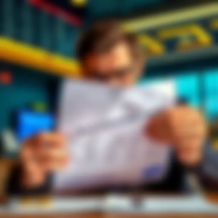 A frustrated person reviews financial documents showing gaps in transaction records, worried about tax implications.