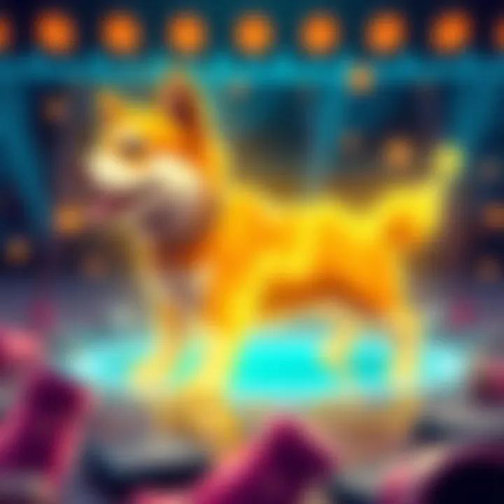 A graphic representation of MIZUKI cryptocurrency with a dog theme and upward trend lines showing growth potential.