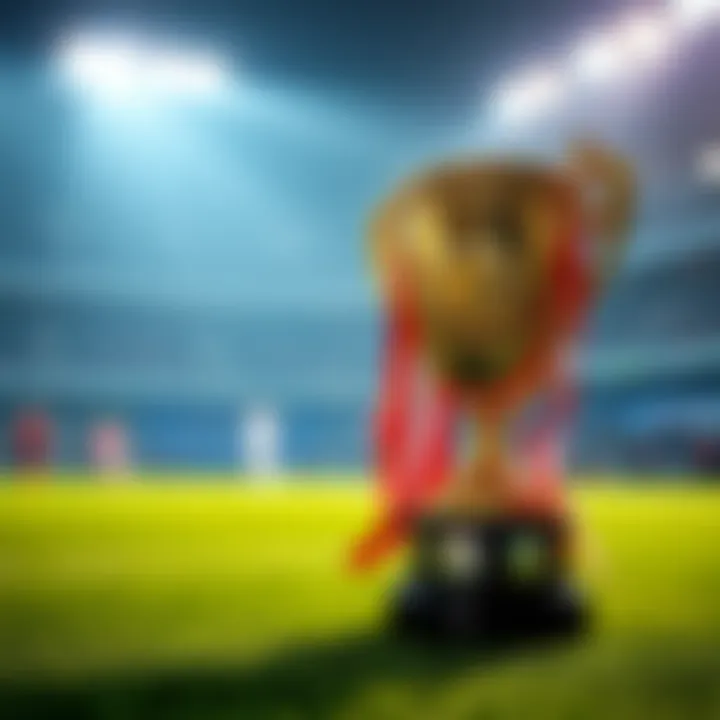 A trophy representing Essences in MLS competitions, placed on a soccer field with players in the background