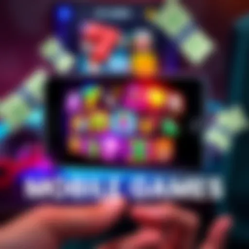 A smartphone displaying various mobile game icons, with cash symbols around it, highlighting games that offer cash payouts.