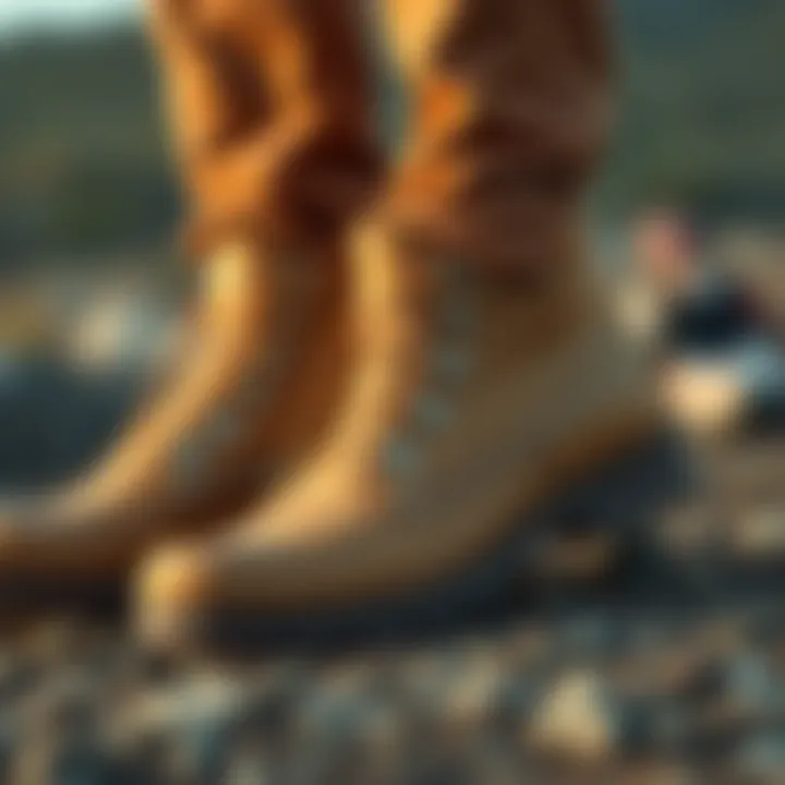 A close-up of Moc Toe Aldert's tan lightweight boots designed for comfort and adventure, showcasing their smooth material and stylish design.