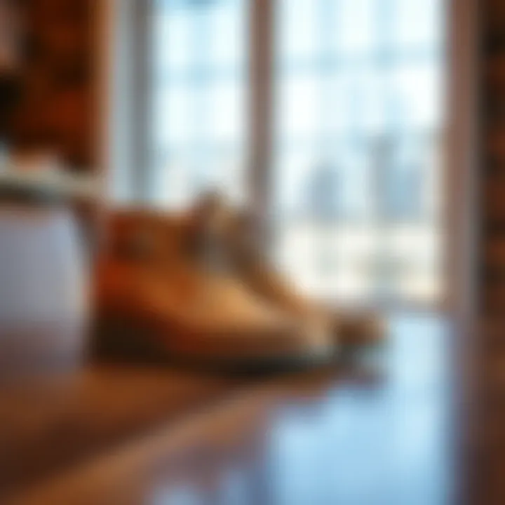 A pair of comfortable American-made moc toe wedge boots displayed on a wooden surface, showing their sturdy design and construction.