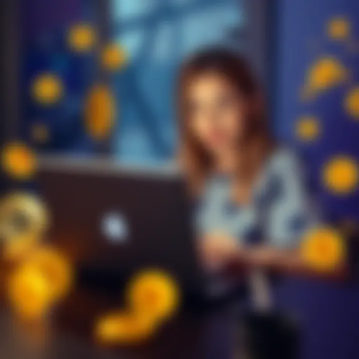 A mother sitting at a table, looking at her laptop, with Bitcoin symbols around her and a focused expression.