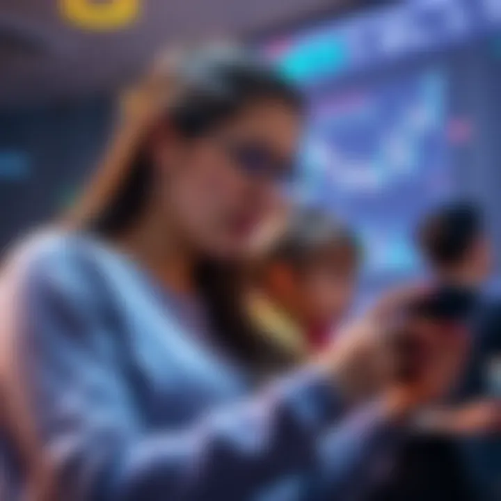 A 44-year-old mother looking at her phone with concern over cryptocurrency charts, pondering whether to sell or hold her investment in MYX, with her daughter in the background