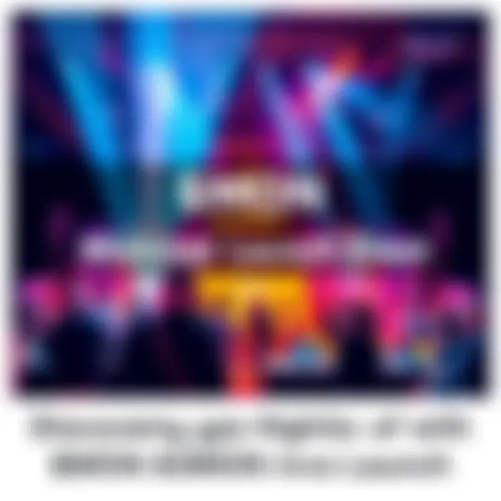 A vibrant launch event for the $MON mainnet showcasing its features, with people engaging and presentations about the token sale, market impact, and blockchain technology.