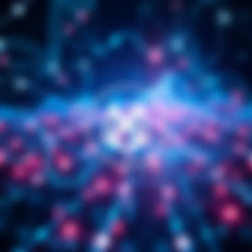 An illustration of Monad's logo with digital network connections in the background, symbolizing its blockchain technology and high transaction speed.