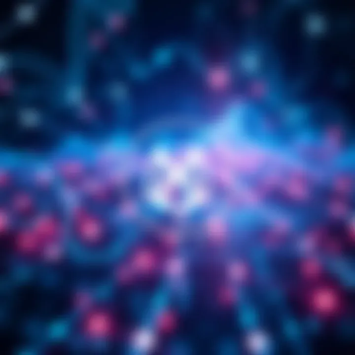 An illustration of Monad's logo with digital network connections in the background, symbolizing its blockchain technology and high transaction speed.