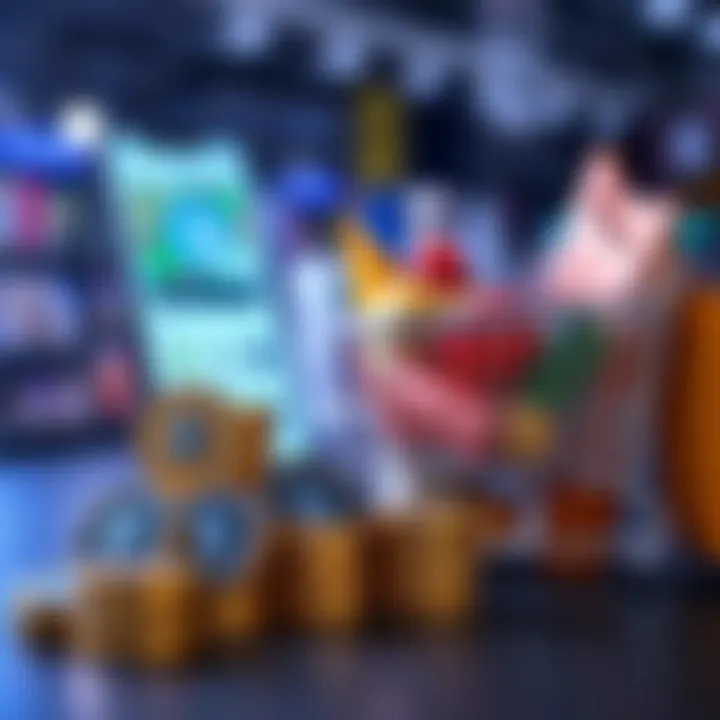 A stack of Monero coins placed beside a shopping cart filled with groceries and a smartphone showing a digital wallet app