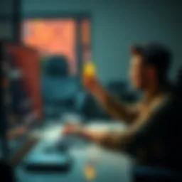 A person happily donating Monero cryptocurrency on a computer, symbolizing easy giving in the crypto community.