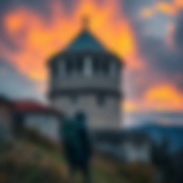 A hiker finds Monero cryptocurrency near the historic Gardoš Tower in Belgrade, blending modern culture with history.