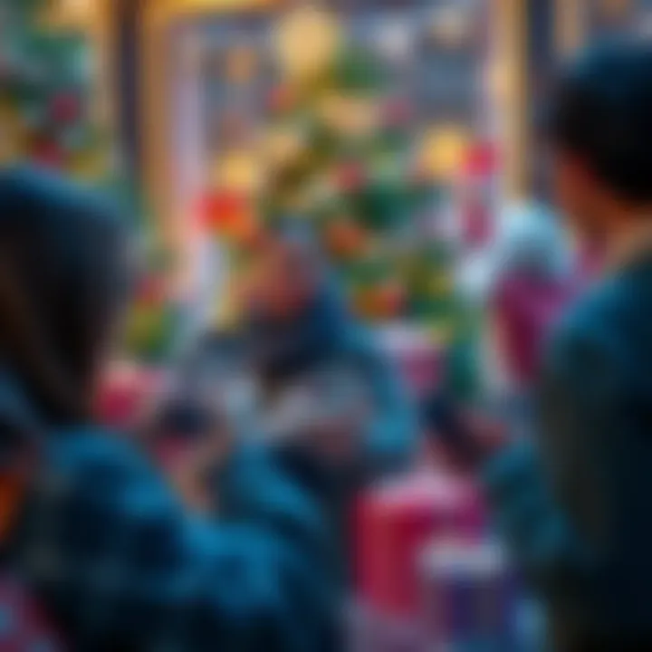 A festive scene showing people using smartphones to purchase gifts with Monero cryptocurrency. Christmas trees and gift boxes are in the background, highlighting the holiday spirit.