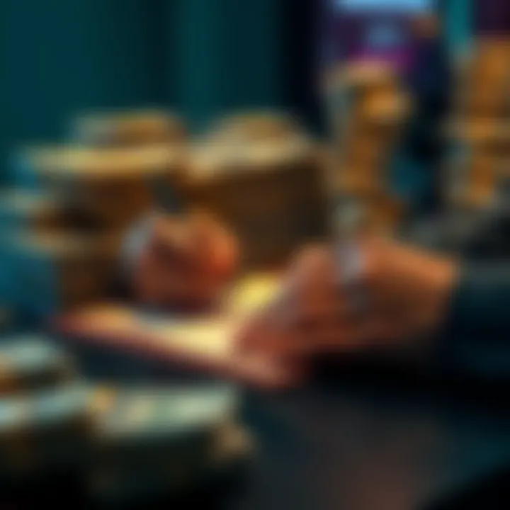 A person signing a loan agreement with stacks of cash in the background